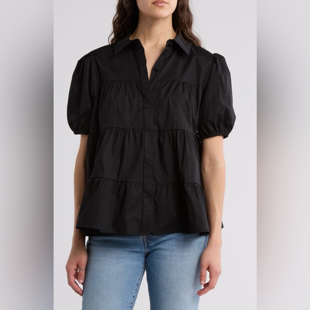 WAYF, Short Sleeve Tiered Button Up Shirt, Black, XL, NWT